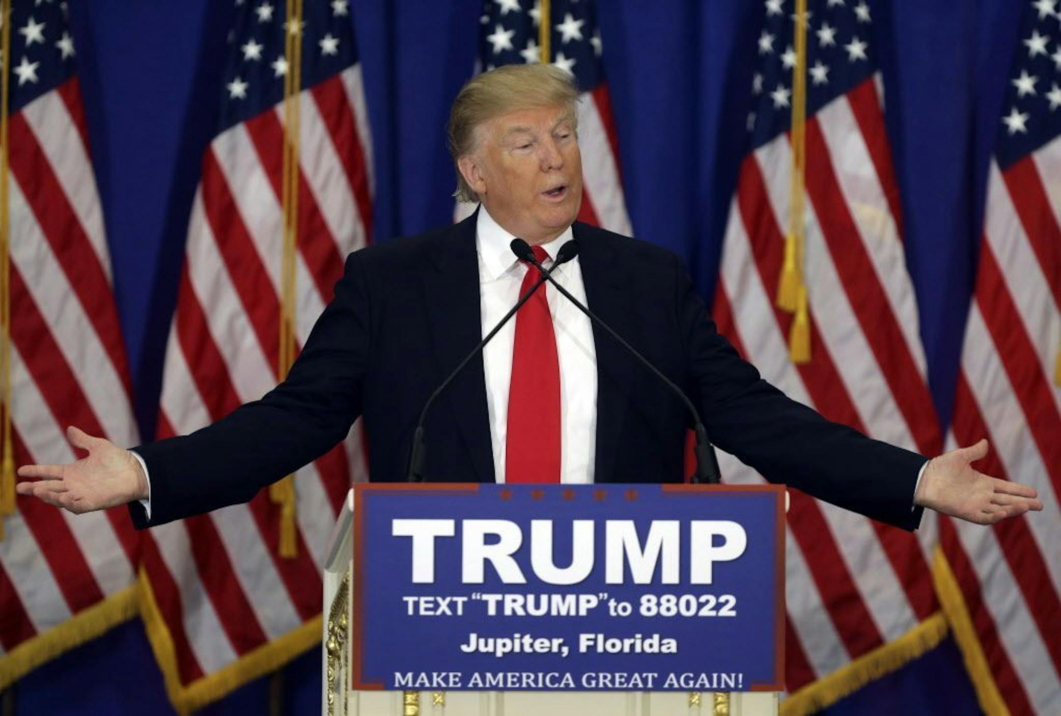 Republican presidential candidate Donald Trump speaks during a news conference at the Trump National Golf Club, Tuesday, March 8, 2016, in Jupiter, Fla.