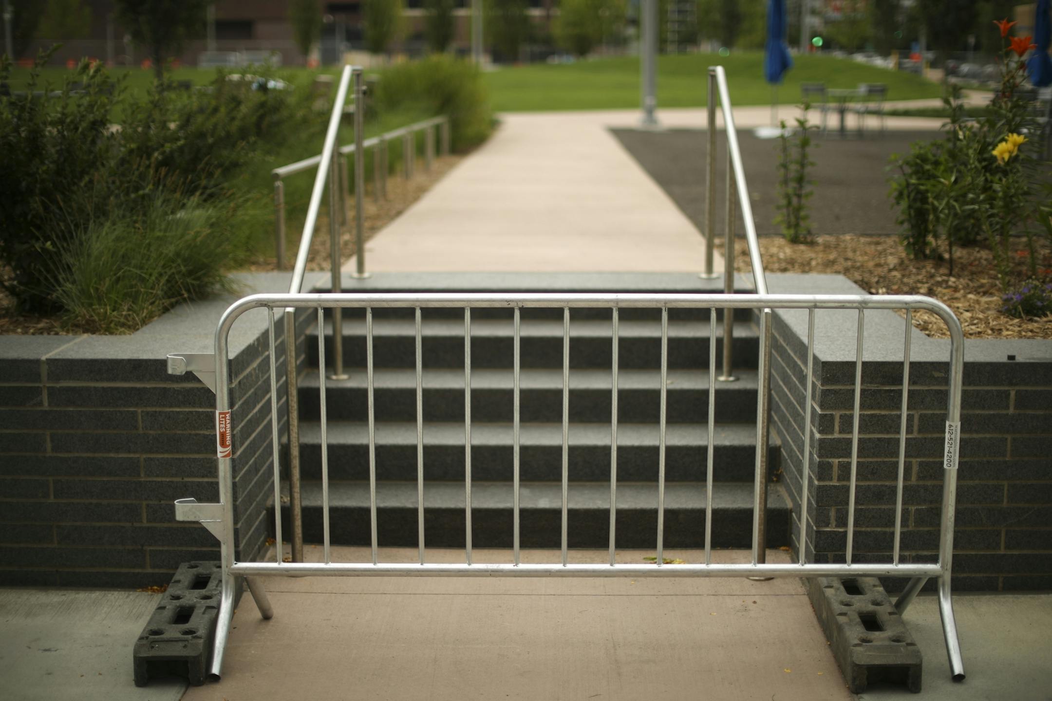 A barrier along the wall bordering The Commons Park across from U.S. Bank Stadium before a chain link fence was put in place.