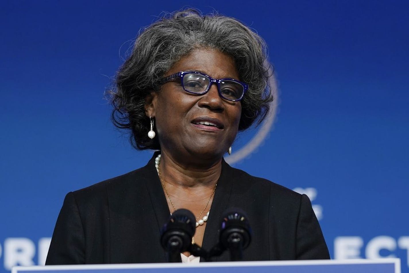 President-elect Joe Biden's U.S. Ambassador to the United Nations nominee Ambassador Linda Thomas-Greenfield speaks at The Queen theater, Tuesday, Nov. 24, 2020, in Wilmington, Del.