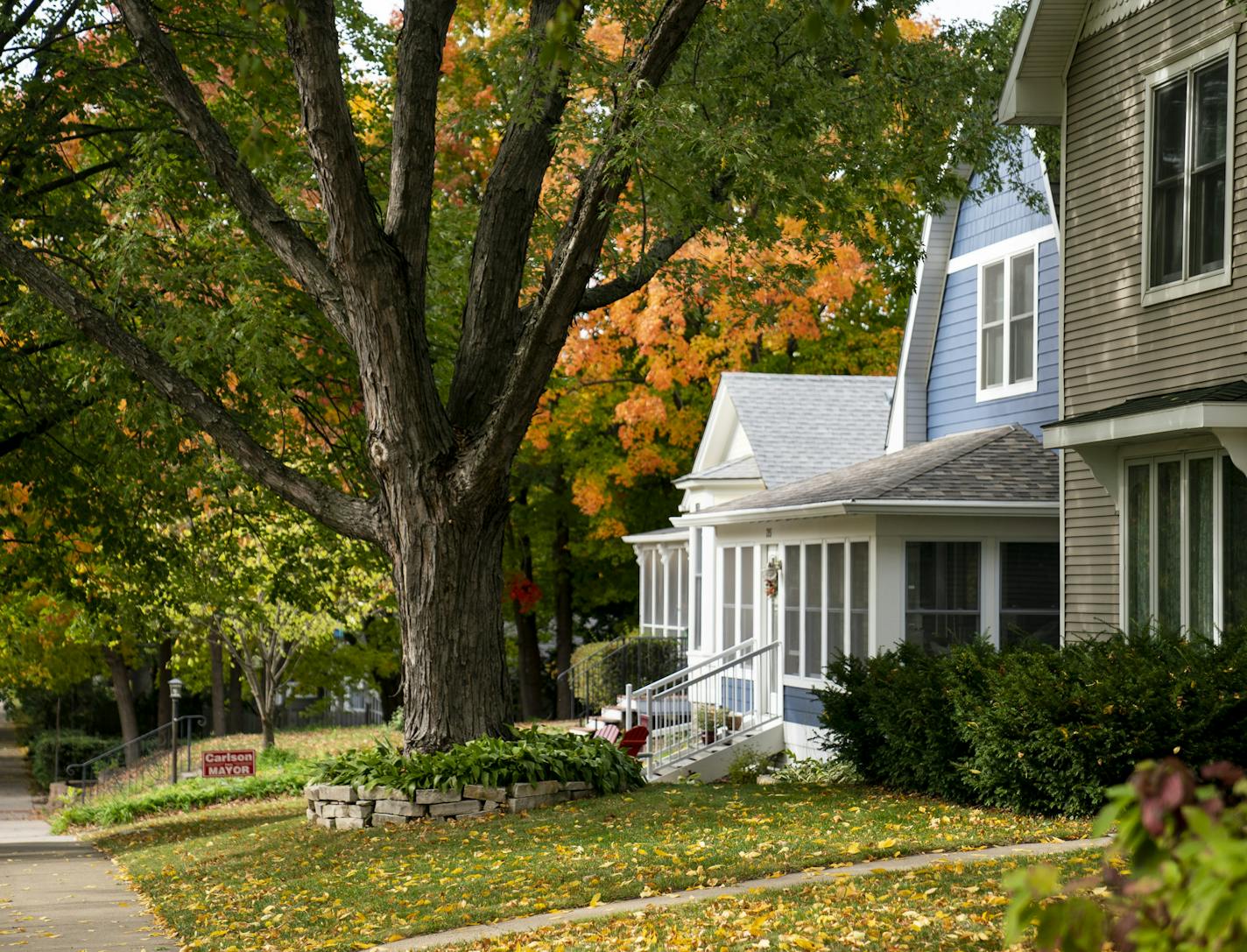 Some longtime Excelsior residents see teardowns and new home construction as changing the city's quaint character. A street in downtown Excelsior, Minn., has many older, charming homes among larger, new construction. Photographed on Tuesday, September 29, 2020. ] RENEE JONES SCHNEIDER renee.jones@startribune.com