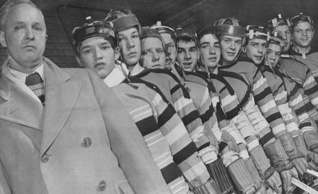The 1948 Eveleth High School championship team. John Mayasich is third from the left.