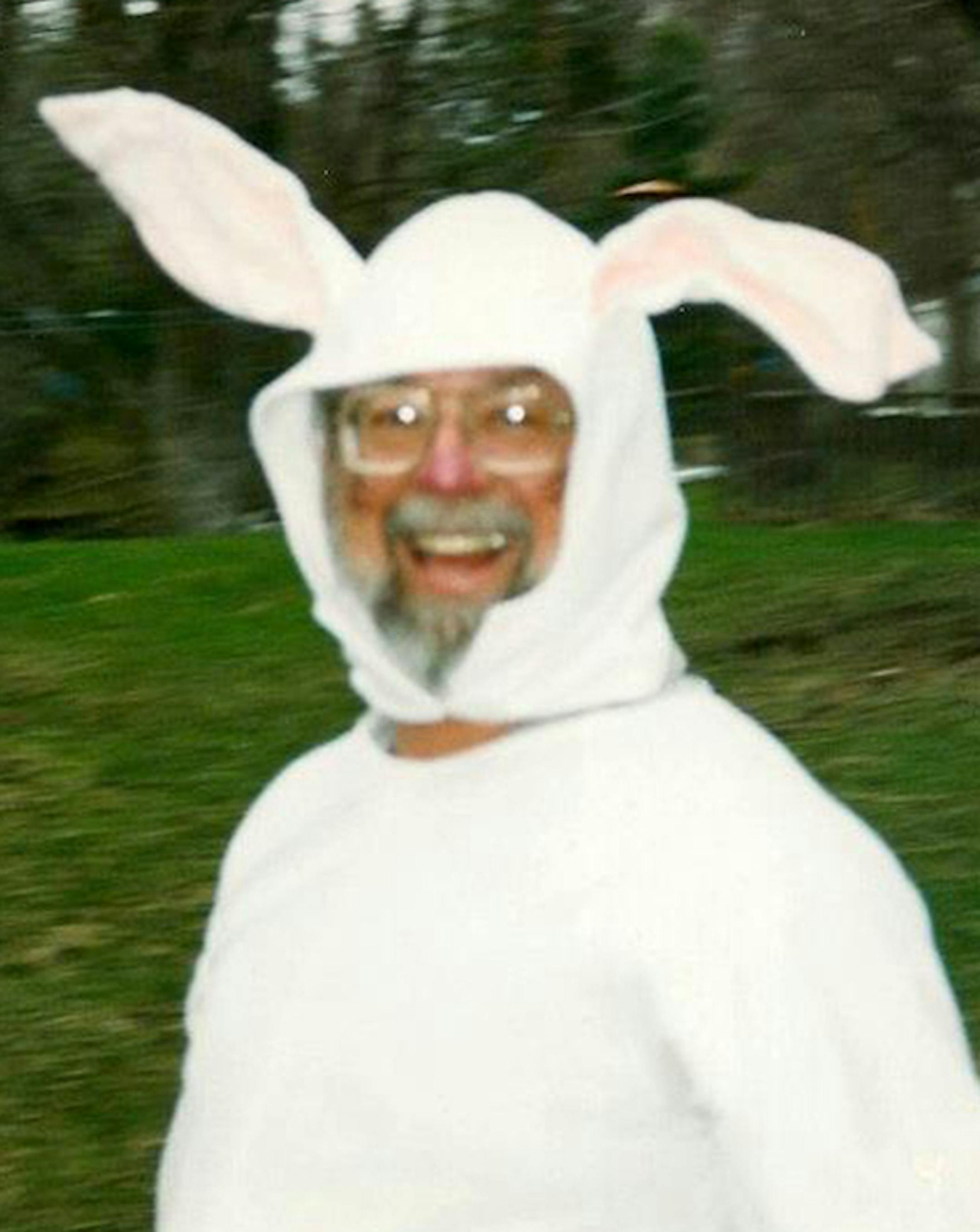 Melissa Abrams Caulfield of Golden Valley says her dad, Chuck Abrams (pictured in 1995, now deceased) loved wearing the Easter bunny costume during his grandchildren&#xed;s annual Easter egg hunt.[focus041617