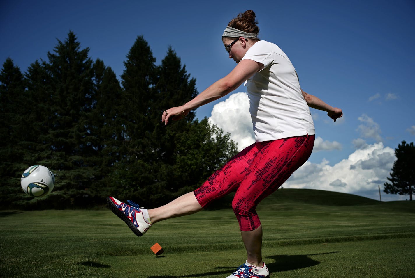 Carly Mahoney &#x2014; one of the best female footgolf players in the state &#x2014; booted a shot during a recent round at Afton Alps Golf Course.