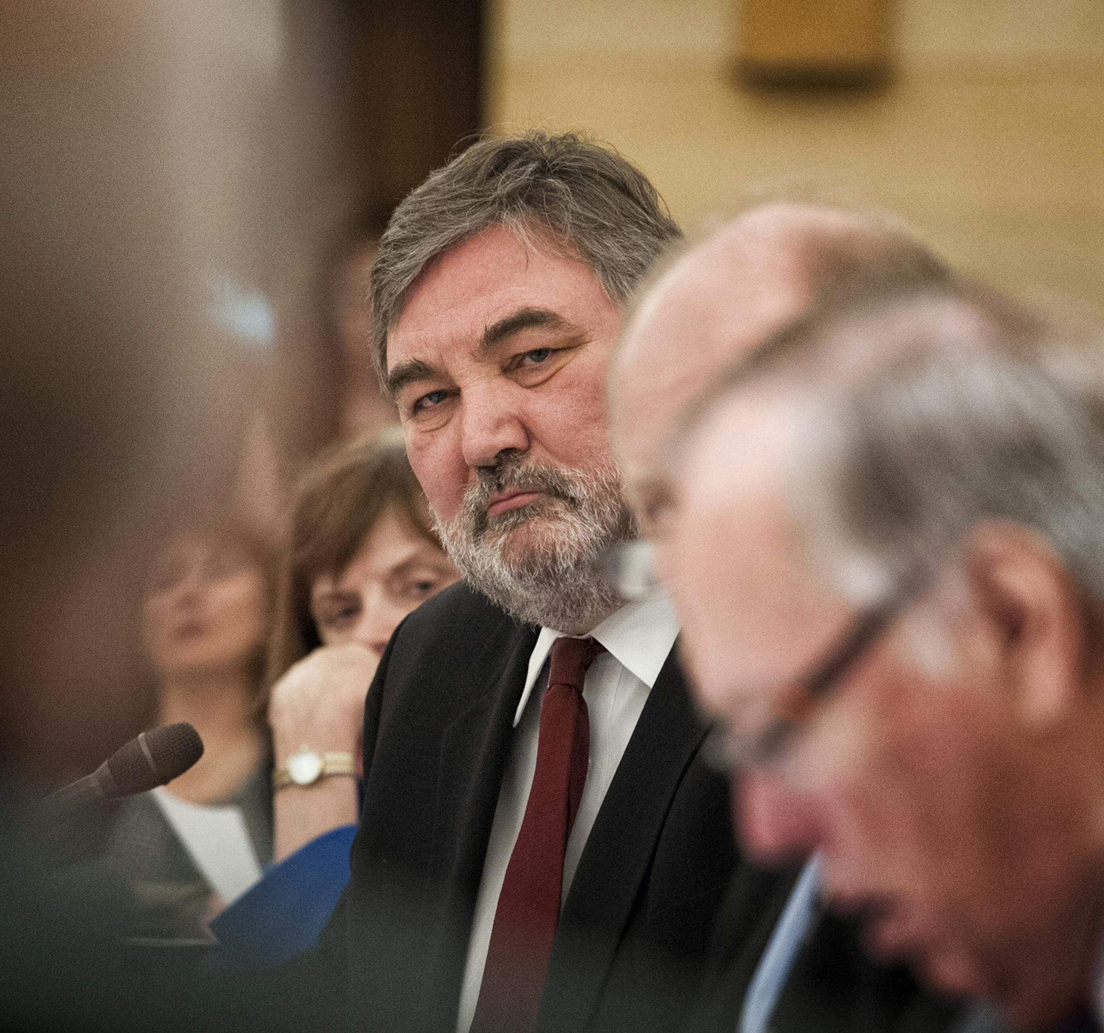 Chair Rod Skoe listened as Revenue Commissioner Myron Frans detailed the Governor's plan to rely on new revenues from cigarette and corporate income taxes to help pay the state's share of a new Vikings stadium. Thursday, May 16, 2013 ] GLEN STUBBE * gstubbe@startribune.com ORG XMIT: MIN1305161550141076