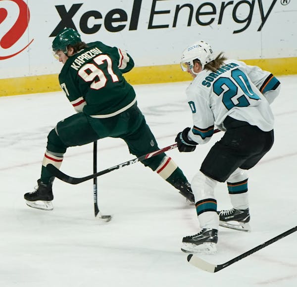 Wild left winger Kirill Kaprizov made a nifty move between his legs toward the net in the third period as Sharks left winger Marcus Sorensen tried to 
