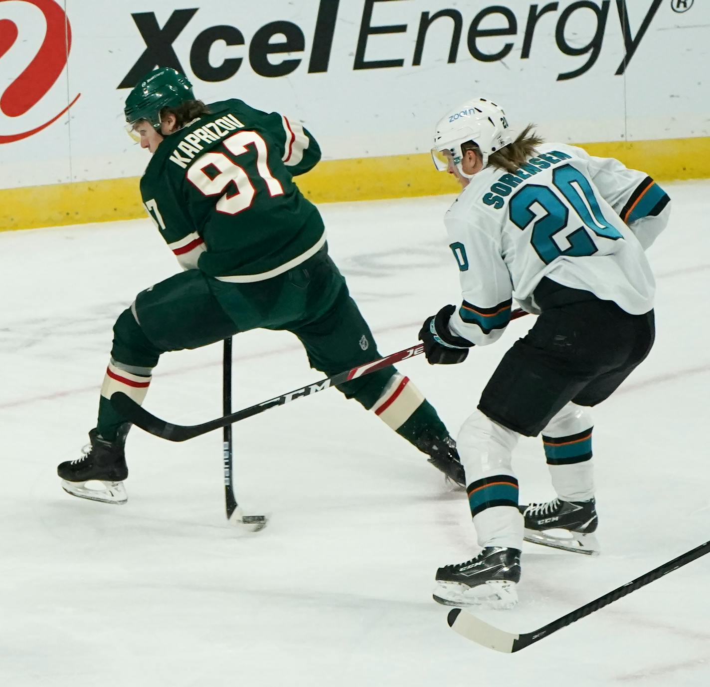 Wild left winger Kirill Kaprizov made a nifty move between his legs toward the net in the third period as Sharks left winger Marcus Sorensen tried to defend.