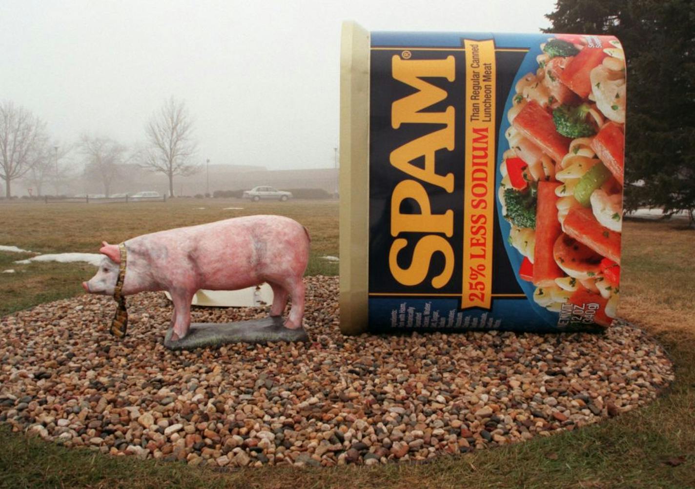 'Spam Town USA" is reflected by the giant Spam can with pig artwork on the lawn of the Hormel company offices.