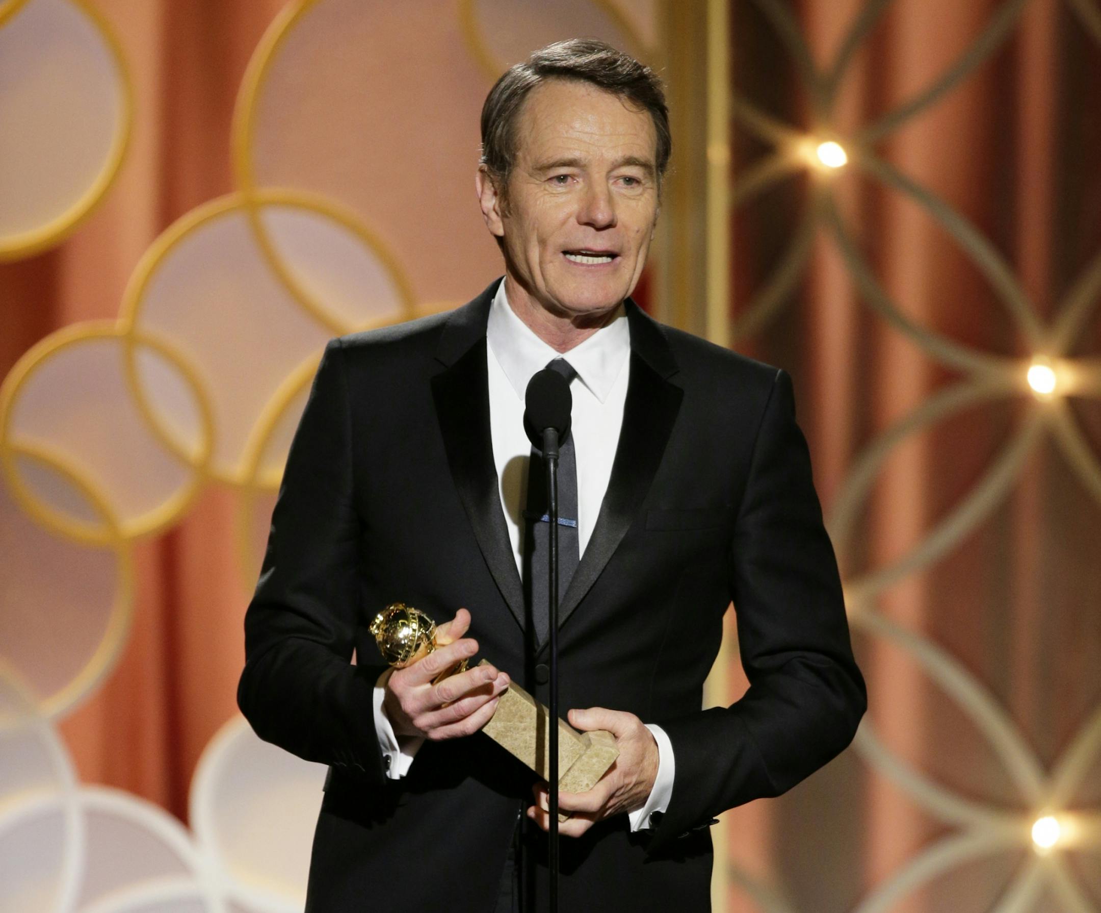 This image released by NBC shows Bryan Cranston accepting the award for best actor in a TV series, drama for his role in "Breaking Bad" during the 71st annual Golden Globe Awards at the Beverly Hilton Hotel on Sunday, Jan. 12, 2014, in Beverly Hills, Calif.