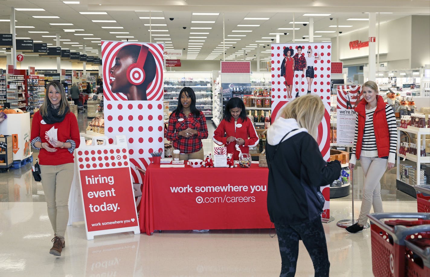 Target is holding a job fair at its stores, hoping to hire 120,000 workers nationwide -- about 10,000 in Minnesota -- in one of the tightest labor markets in more than a decade. Here, Target&#x2019;s human resource team of Jandah Tolbert, Pam Tallapragada and Meghann Brockrath and Ingrid Kinmounth were on hand to answer questions and greet shoppers.
BRIAN PETERSON &#x2022; brian.peterson@startribune.com
Maple Grove, MN 10/12/2018