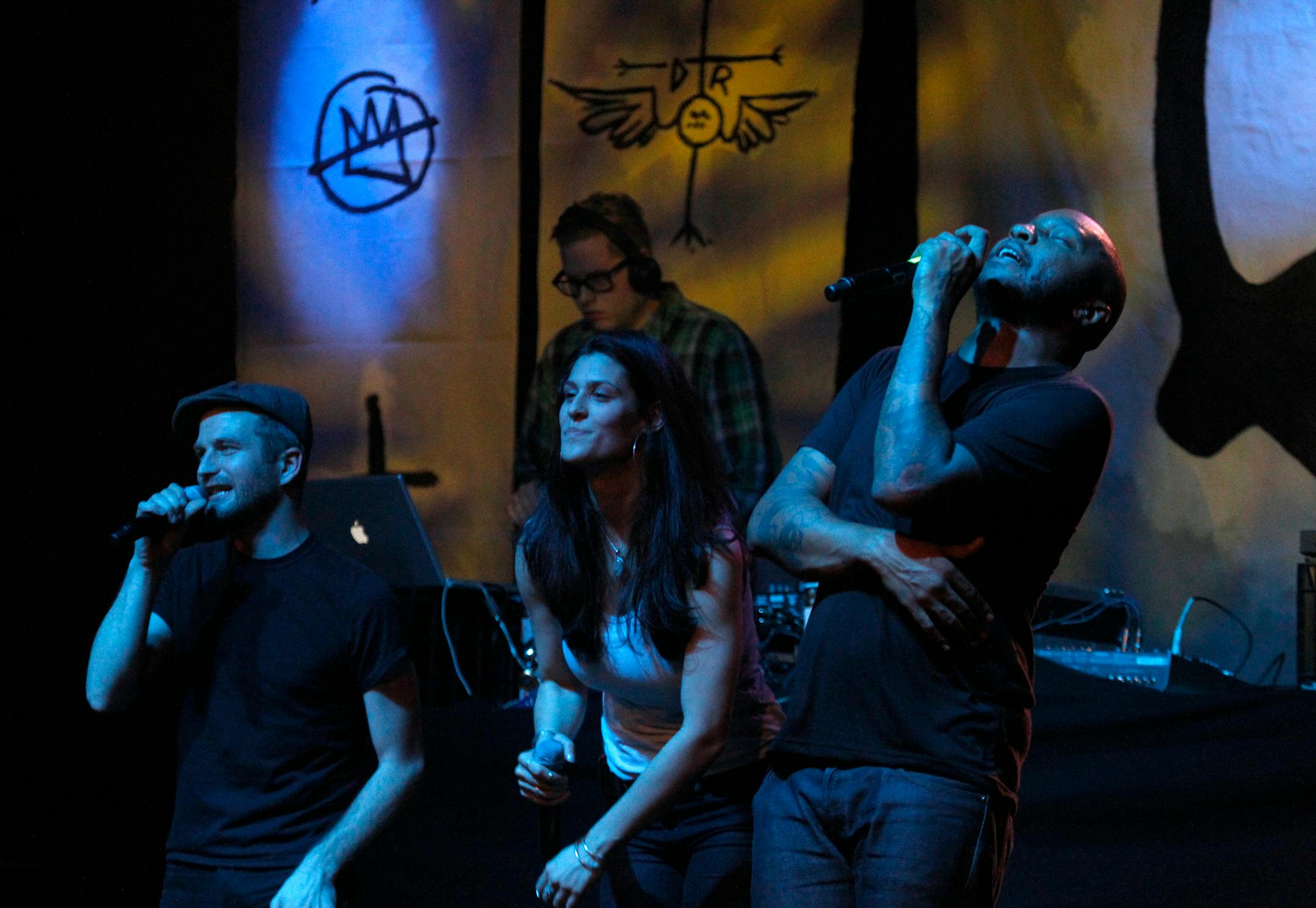 From left, Cecil Otter, Dessa and P.O.S. with Paper Tiger (rear) during Doomtree's Blowout VII last December.