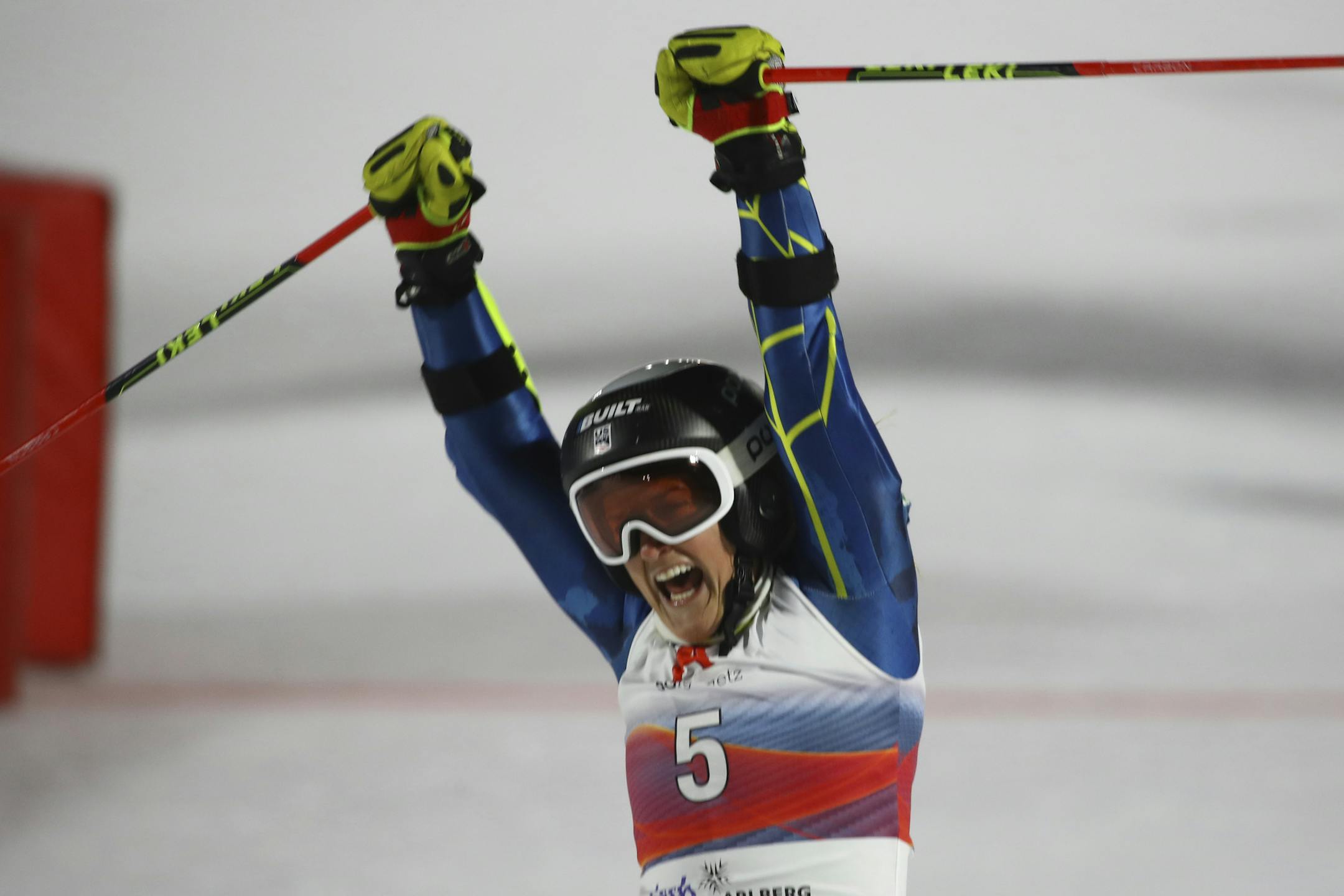 United States' Paula Moltzan reacts during an alpine ski women's World Cup parallel giant slalom in Lech/Zuers, Austria, Thursday, Nov. 26, 2020. (AP Photo/Marco Trovati)