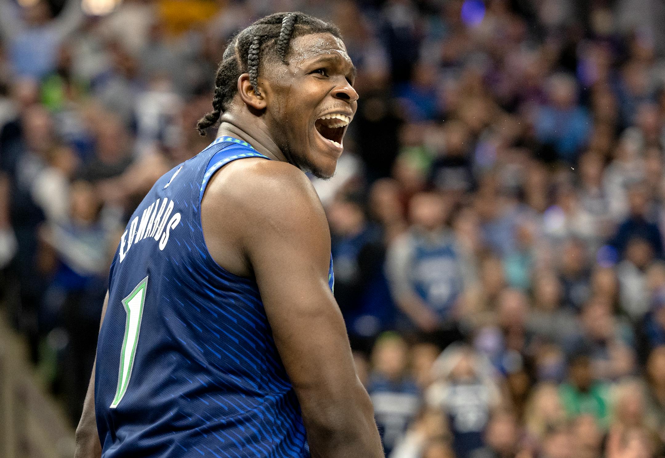Anthony Edwards (1) of the Minnesota Timberwolves reacts after a play in the second quarter.