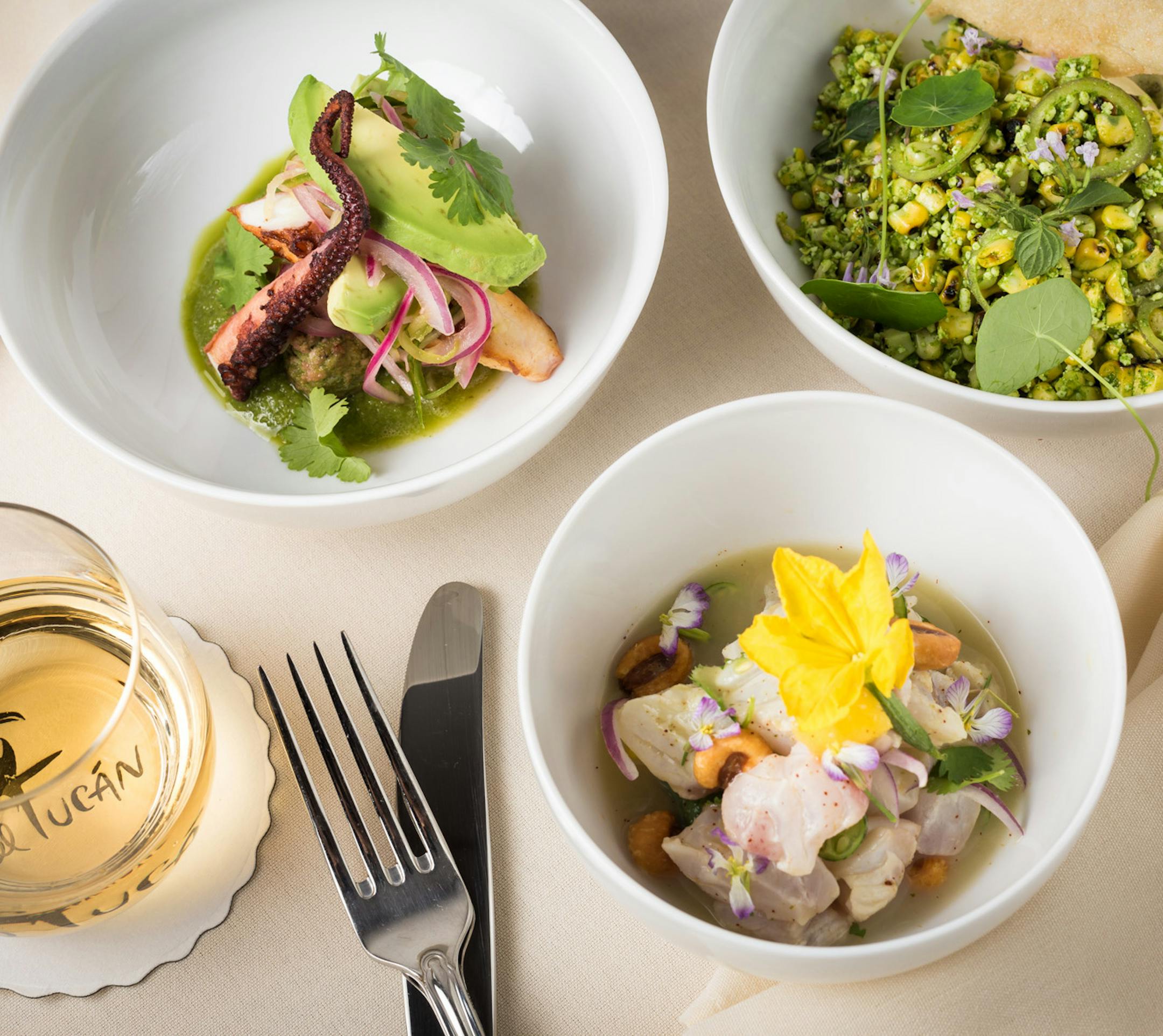 Leche de Tigre Ceviche, Mexican street corn and Pulpo, three dishes served at El Tucan in Miami. (El Tucan via The New York Times)