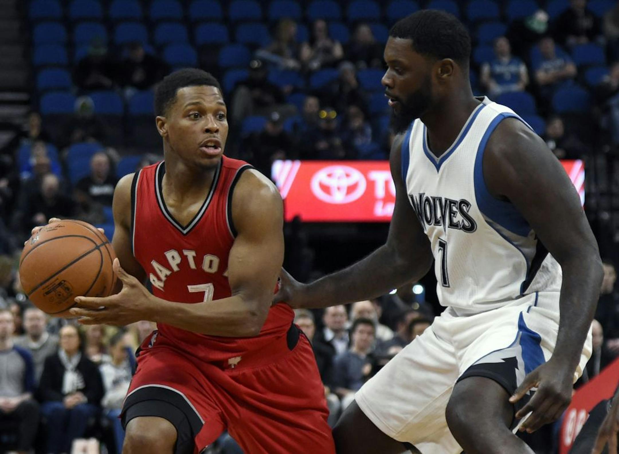 Minnesota Timberwolves guard Lance Stephenson (7) guards Toronto Raptors guard Kyle Lowry (7) during the fourth quarter of an NBA basketball game on Wednesday, Feb. 8, 2017, in Minneapolis. The Timberwolves won 112-109.