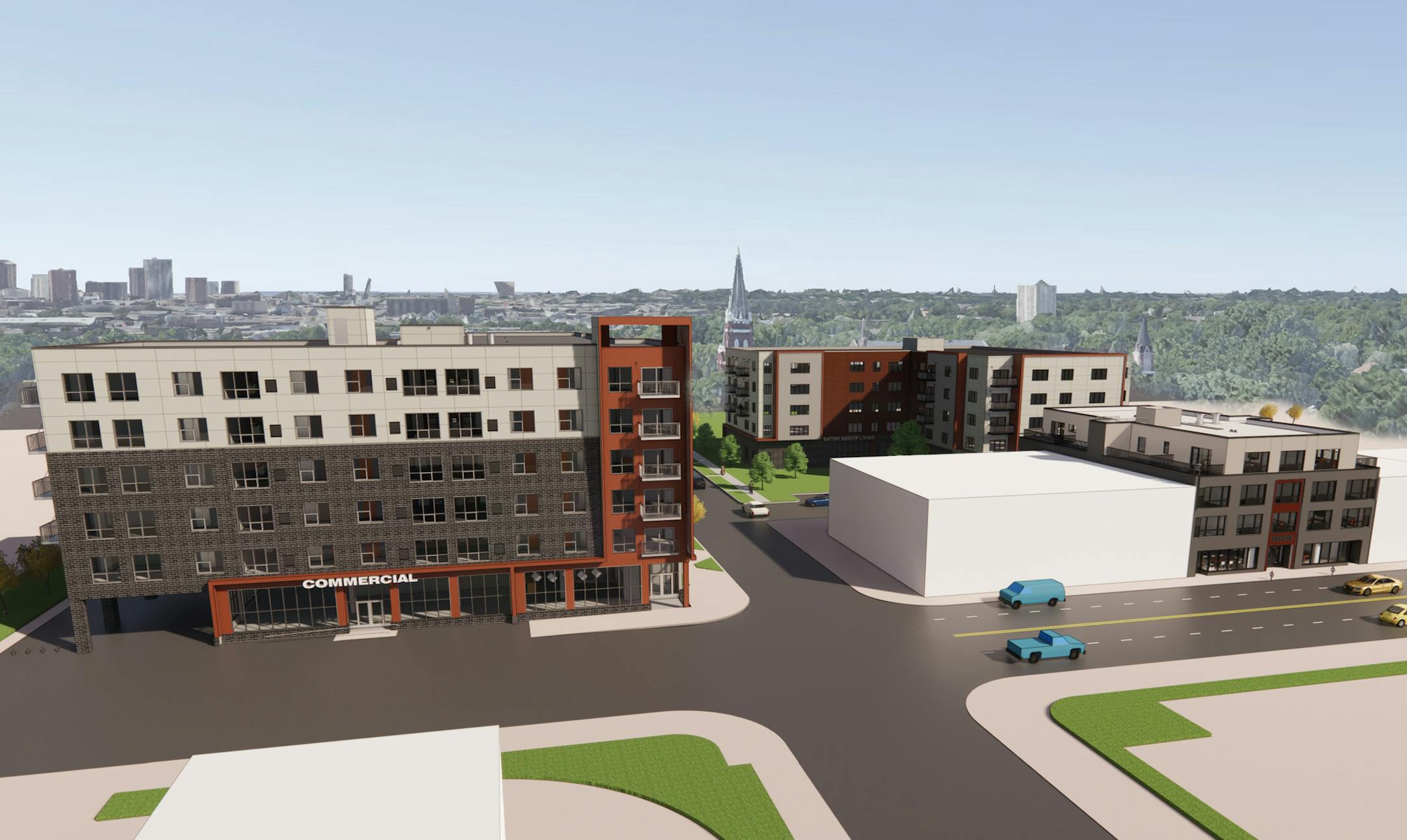 The Satori Village project promises to break ground on 198 units of blended "market quality" and affordable apartments by the spring of 2021. Demolition of existing buildings on the site will begin next month. (Provided rendering)