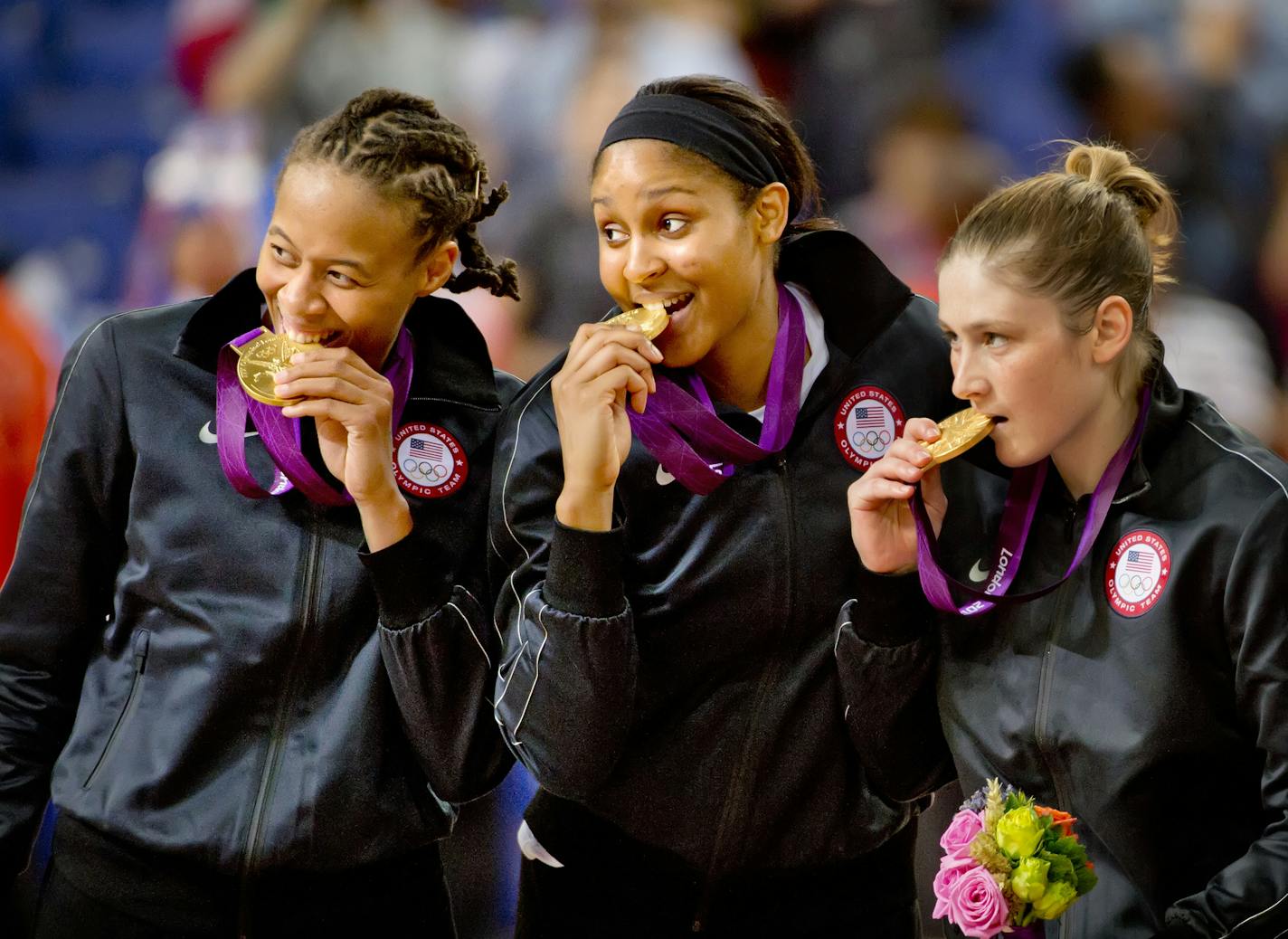 The U.S. women's basketball team routed France 86-50 in the final Saturday, winning their fifth straight Olympic gold medal and putting more distance between themselves and the rest of the world heading to Rio for the 2016 Games. The U.S. women's basketball team routed France 86-50 in the final Saturday, winning their fifth straight Olympic gold medal and putting more distance between themselves and the rest of the world heading to Rio for the 2016 Games. Here, Minnesota Lynx players Seimone Aug