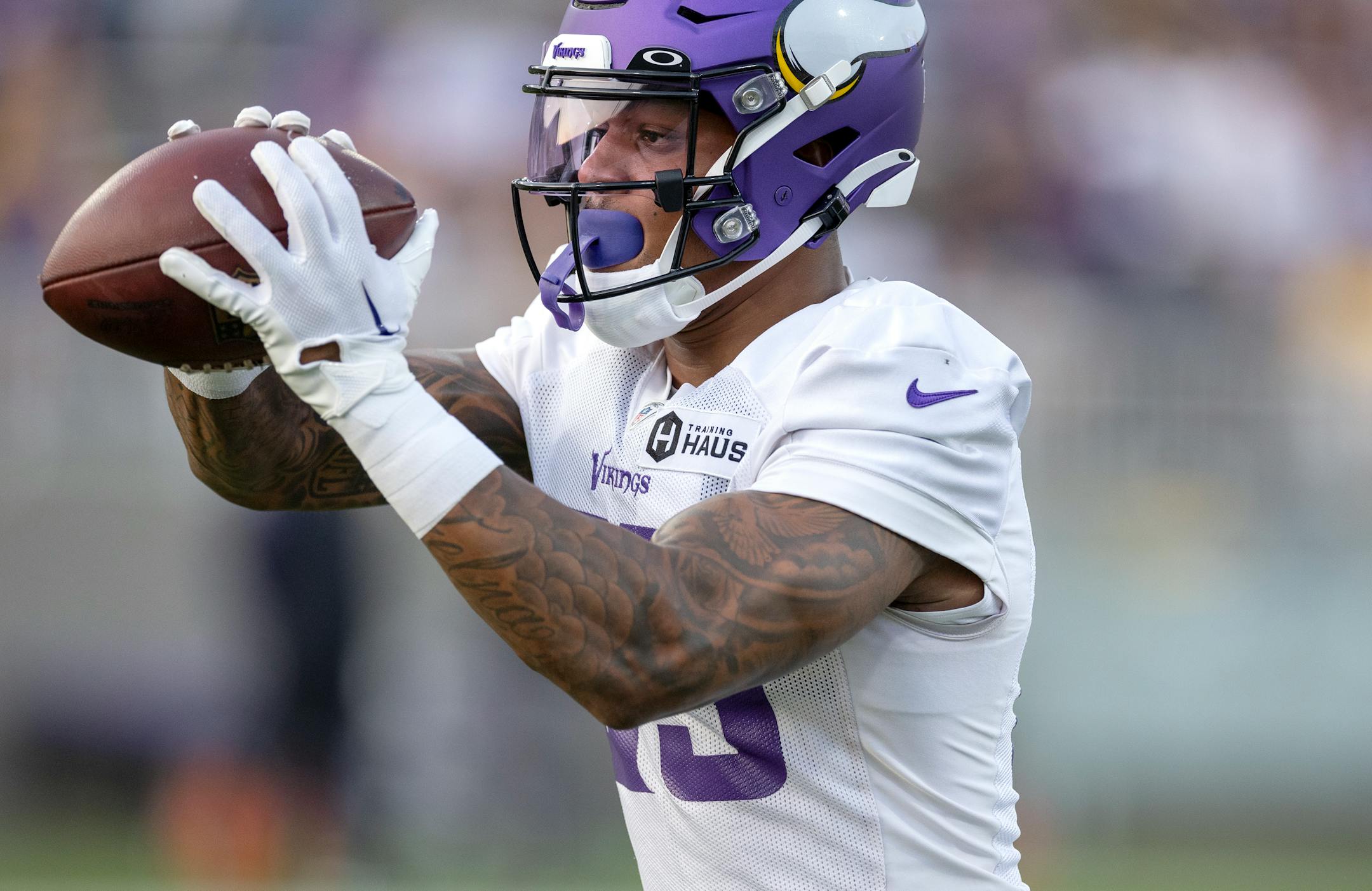 Minnesota Vikings receiver N'Keal Harry (85) during evening practice Tuesday, August 8, 2023, at TCO Stadium in Eagan, Minn.