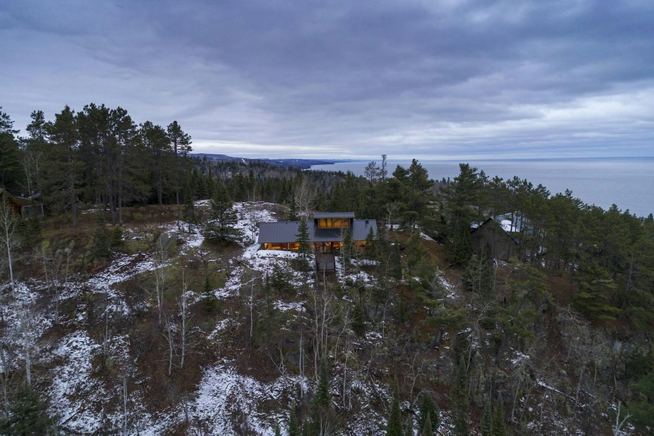 Aerial view of the cabin on Lake Superior's Crystal Bay.