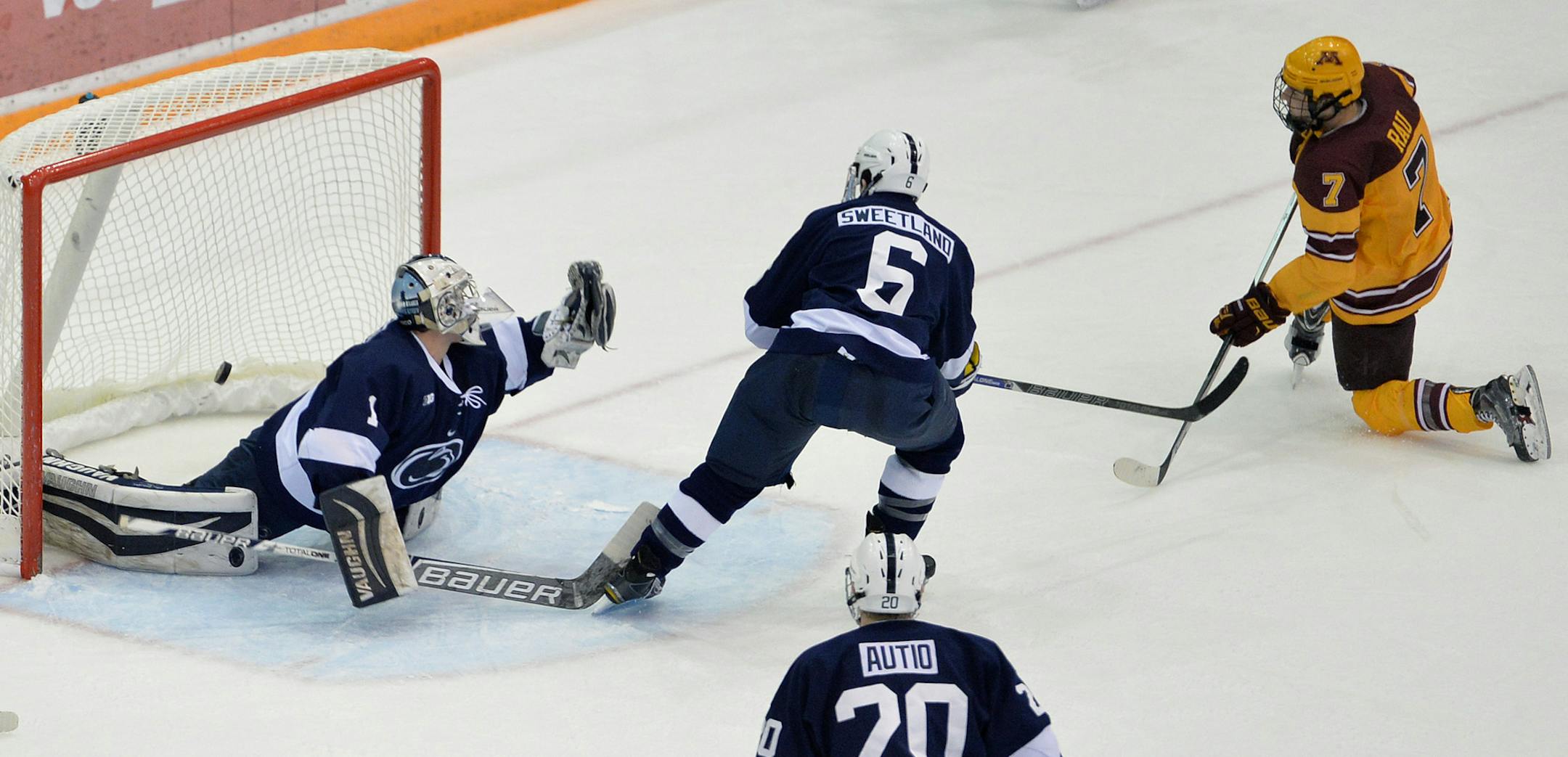 Penn State goaltender PJ Musico is unable to save Minnesota forward Kyle Ray's shot during the second period of play Saturday, March 14 at Mariucci Arena. Minnesota led Penn State 6-2 at the end of the period. ] (SPECIAL TO THE STAR TRIBUNE/BRE McGEE) **PJ Muscio (Penn State, Goaltender), Kyle Rau (Minnesota, 7)