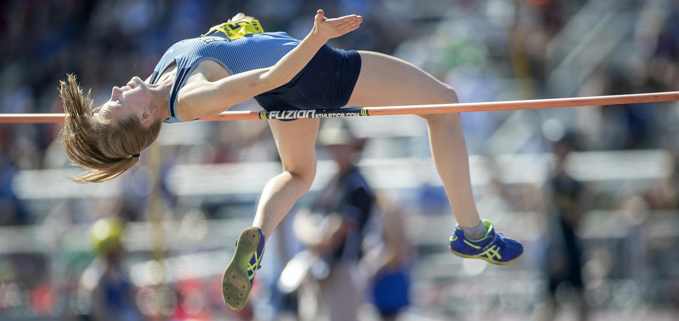 Blaine's Madison Schmidt cleared a jump during the girls' high jump competition at the Class 2A track and field state meet Friday at Hamline University's Klas Field. Schmidt won the event with a jump of 5 feet, 10 inches. Photo: ELIZABETH FLORES • liz.flores@startribune.com