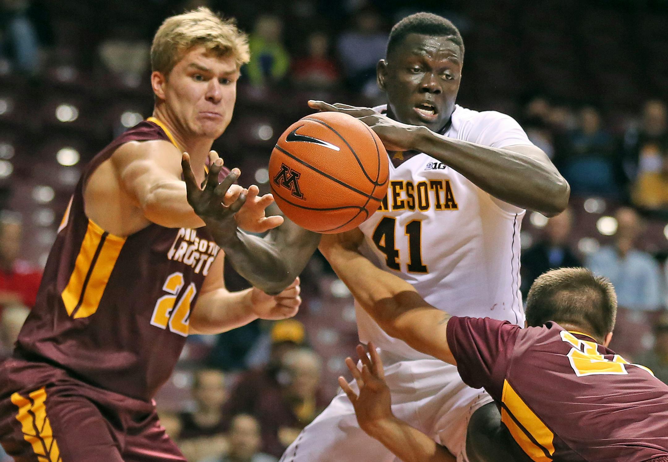Gaston Diedhiou of Minnesota reached for a loose ball with Crookston's Darin Viken left and Riley Rice in the second half at Williams Arena November 1, 2015 in Minneapolis, MN. ] Minnesota beat Minnesota-Crookston 74-57 at Williams Arena. Jerry Holt/ Jerry.Holt@Startribune.com