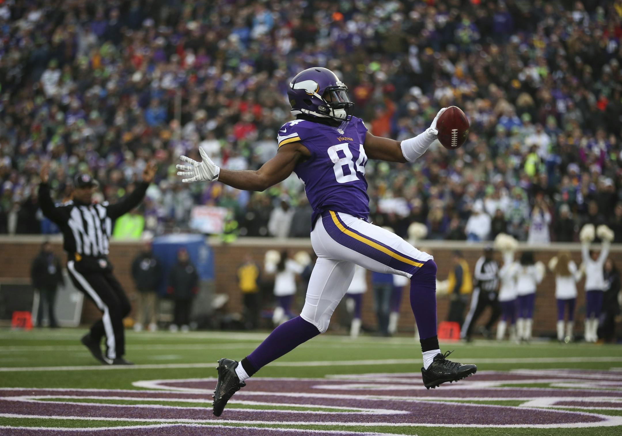Vikings wide receiver Cordarrelle Patterson celebrated as he ran a third quarter kickoff back 101 yards for the Vikings only score Sunday.