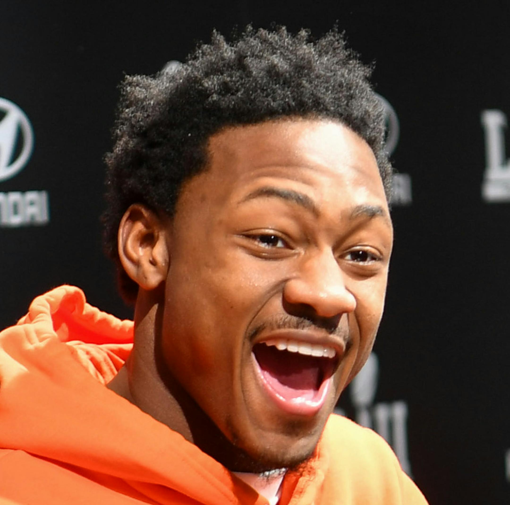 Stefon Diggs laughed as Viking World Order's Sir Skolt thanked him for his catch which happened on Skolt's birthday. ] GLEN STUBBE • glen.stubbe@startribune.com Monday, January 29, 2018 Stefon Diggs signs autographs at Hyundai Activation area of Super Bowl Experience at the Convention Center.