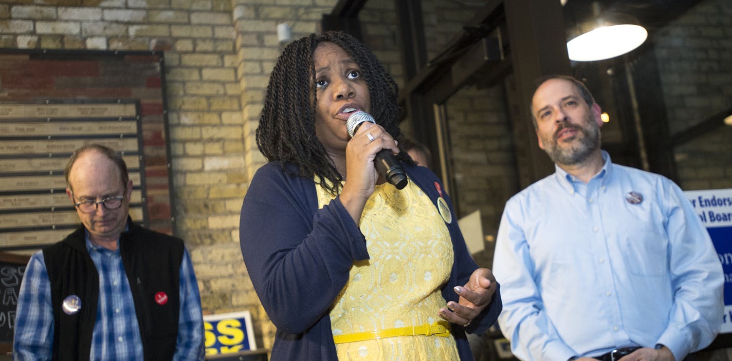 Zuki Ellis, center, gave her victory speech as fellow Saint Paul School Board members elect Jon Schumacher, left, and Steve Marchese waited to speak Tuesday night at the DFL election party at Urban Growler. ] (AARON LAVINSKY/STAR TRIBUNE) aaron.lavinsky@startribune.com All seven of St. Paul's City Council seats are up for election, including two open wards where incumbents didn't run again. As many as three who have challenged Mayor Chris Coleman's goals and strategies have a chance of winning.T