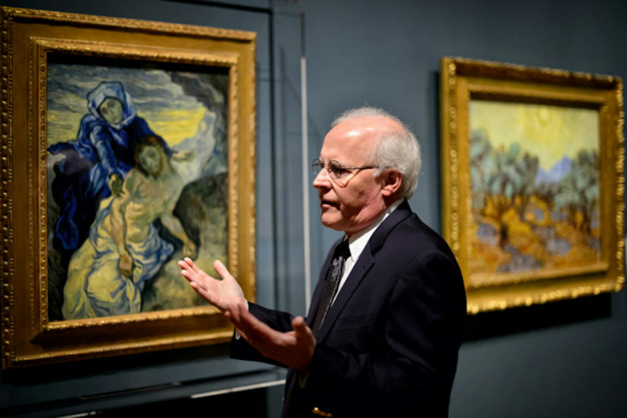 Minneapolis Insititute of Art painting curator Patrick Noon with Vincent van Gogh's Pietà, one of the paintings in his new "blockbuster" show "Eugene Delacroix and Modernity."       ] GLEN STUBBE * gstubbe@startribune.com Friday, October 9, 2015   Unknown even to many museum-regulars Eugene Delacroix is a giant of 19th century French art, a tempestuous spirit whose vibrant colors and expressive style influenced everyone from Manet and Monet to John Singer Sargent, Degas, Van Gogh and Cezanne. Examples of their work will be paired with the Delacroix paintings that inspired them in "Eugene Delacroix and Modernity," the capstone exhibition of the MIA's centennial year and a personal triumph for the museum's painting curator Patrick Noon who has worked on the show for at elast a decade. With loans from some 40 museums around the world, it also calls in a lot of professional chips. After its Minneapolis debut it will be shown only at the National Gallery, London.   We're taking a portrait of Mpls Insititute of Art painting curator Patrick Noon amid paintings in his new "blockbuster" show "Eugene Delacroix and Modernity."