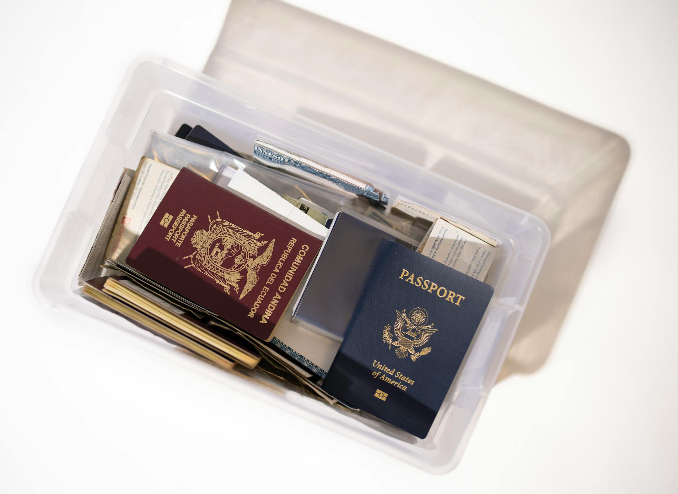 A bin of passports and other identification documents left behind on Metro Transit vehicles recently, photographed in the Lost and Found room.