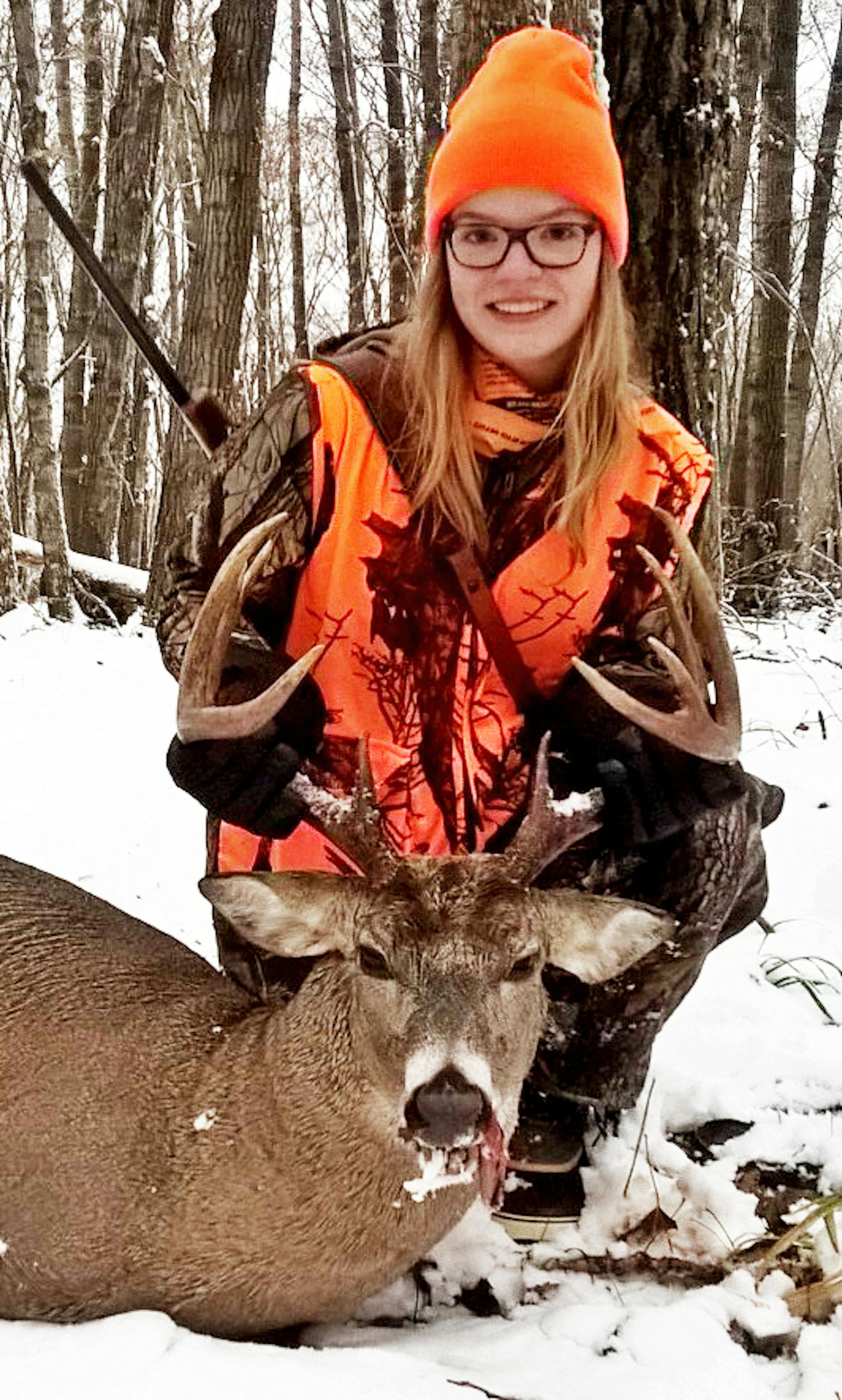 Kaitlyn Tripp, 15, of St. Michael, shot her first deer at 8:30 on opening morning on private land south of Detroit Lakes. She made a standing free-hand heart shot from a distance of 90 yards.