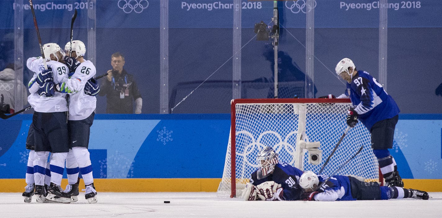 Jan Mursak (39) celebrated with teammates after scoring the game winning goal in overtime. Slovenia beat USA 3-2 in OT. ] CARLOS GONZALEZ &#x2022; cgonzalez@startribune.com - February 14, 2018, South Korea, 2018 Pyeongchang Winter Olympics, Men's Hockey, Kwangdong Hockey Center, USA vs. Slovenia