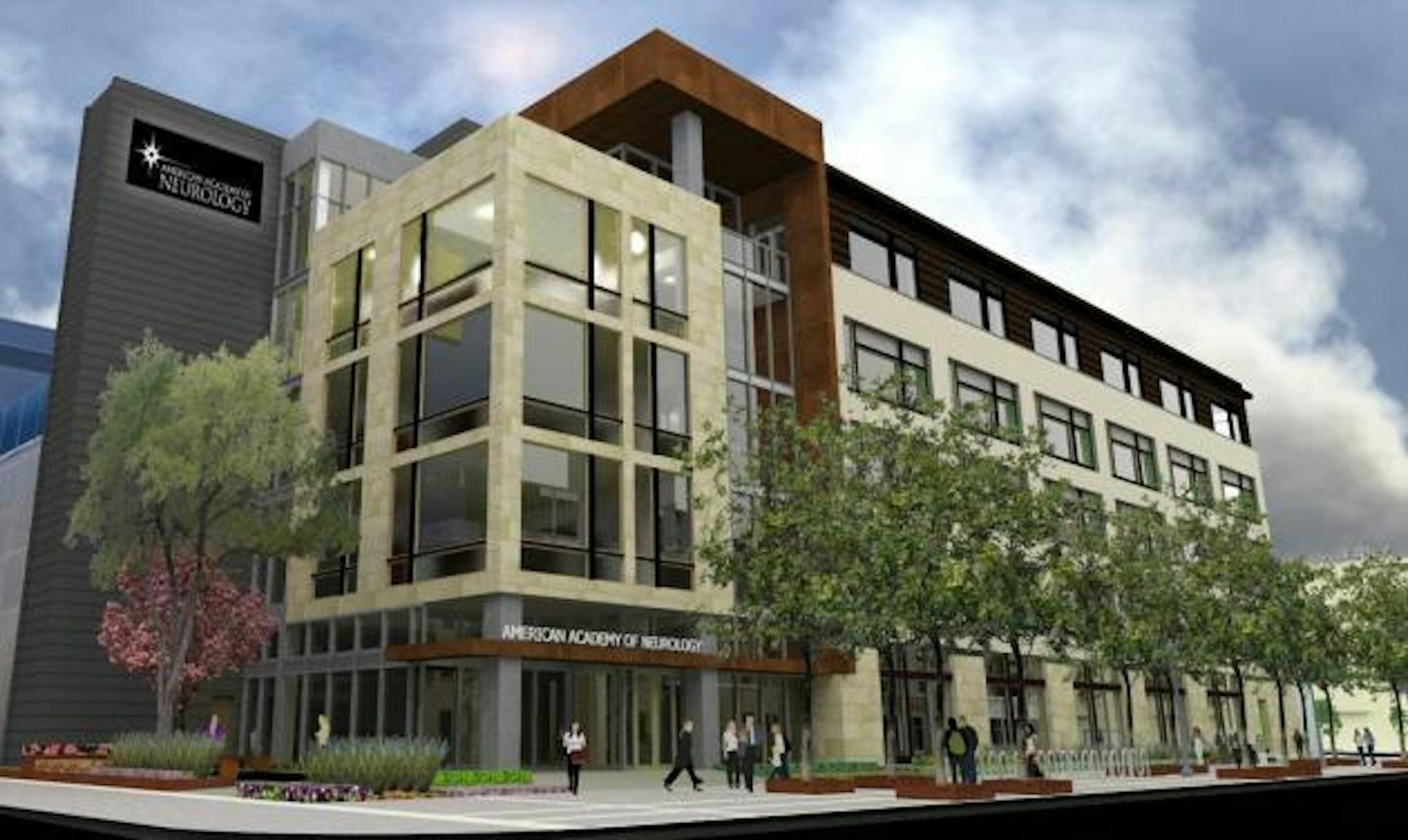 New home for American Academy of Neurology in the Minneapolis Mill District. Rendering Elness Swenson Graham Architects