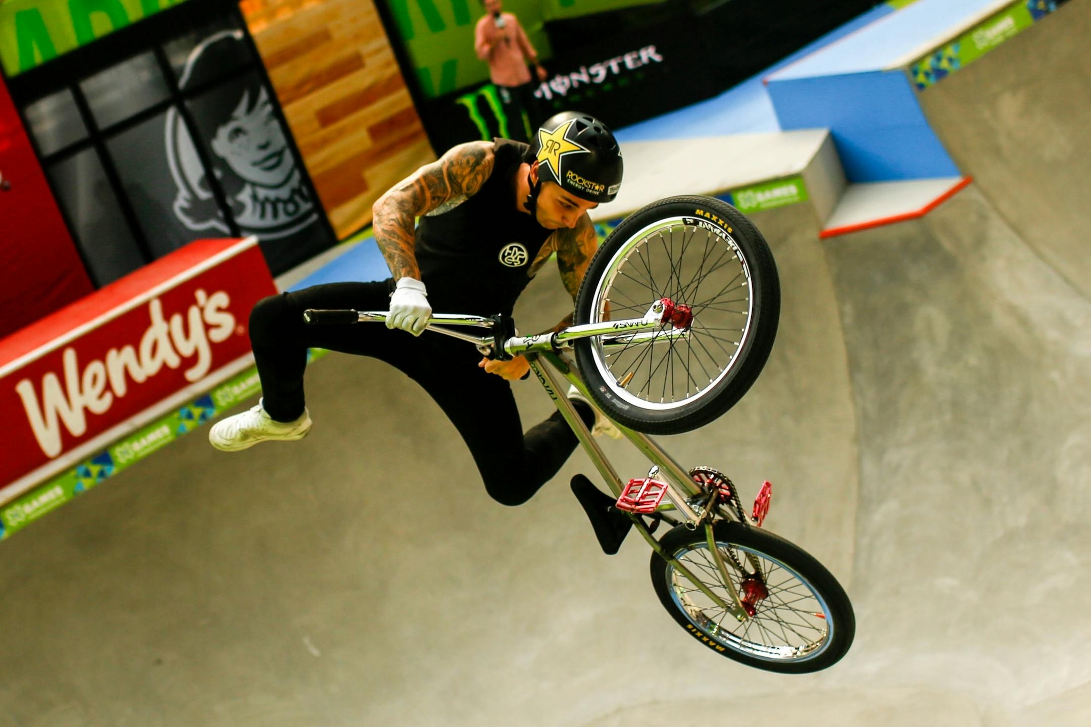 Logan Martin competes in Dave Mirra's BMX Park Best Trick at the X Games at U.S. Bank Stadium Sunday, August 4, 2019.