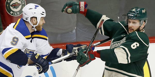 Marco Scandella (6) was struck by Steve Ott (9) in the third period of Game 3. Ott received a game misconduct penalty.