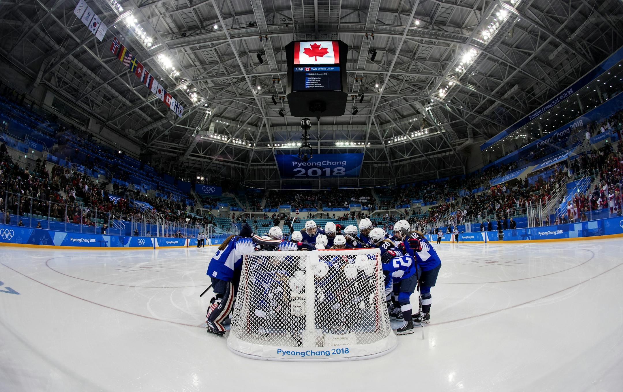 Team USA gathered before the start of the gold medal game. USA beat Canada 3-2 in a shootout to win the gold medal at Gangneung Hockey Centre on Thursday.