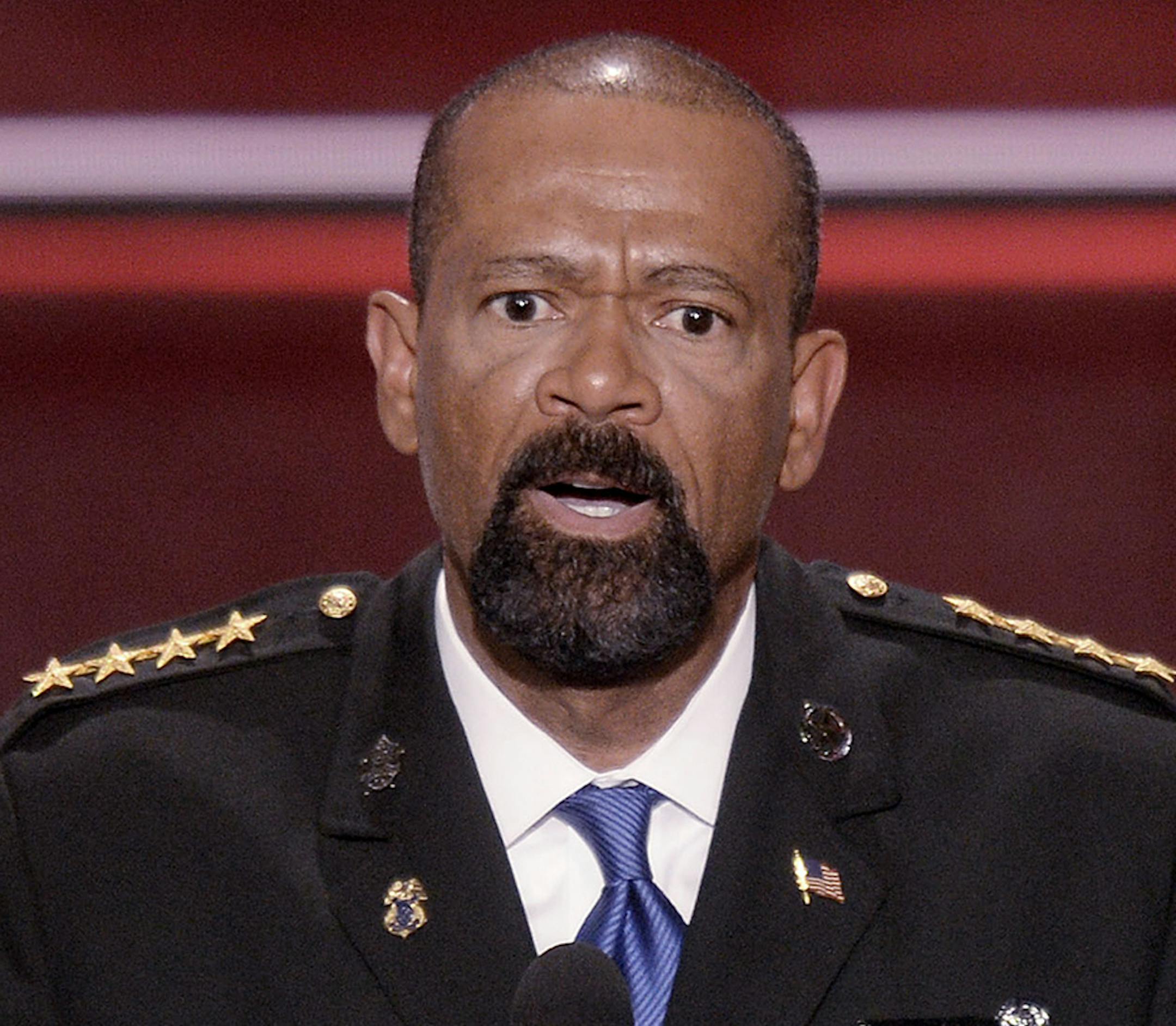 Milwaukee County Sheriff David Clark speaks on the first day of the Republican National Convention in Cleveland on Monday, July 18, 2016. (Olivier Douliery/Abaca Press/TNS)