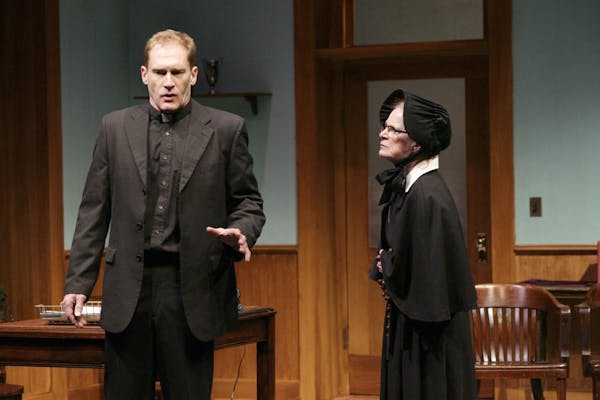 David Mann is Father Flynn and Linda Kelsey portrays Sister Aloysius, the priest's accuser, in Park Square Theatre's production of "Doubt."