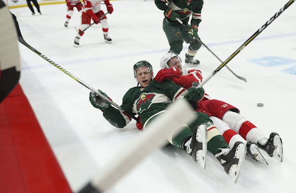 Minnesota Wild center Charlie Coyle (3) and Detroit Red Wings right wing Gustav Nyquist (14) found themselves on the ice after losing control of the p