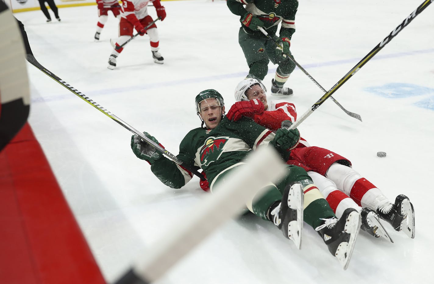 Minnesota Wild center Charlie Coyle (3) and Detroit Red Wings right wing Gustav Nyquist (14) found themselves on the ice after losing control of the puck in the second period. ] JEFF WHEELER &#x2022; jeff.wheeler@startribune.com The Minnesota Wild faced the Detroit Red Wings in an NHL hockey game Sunday night, March 4, 2018 at Xcel Energy Center in St. Paul.