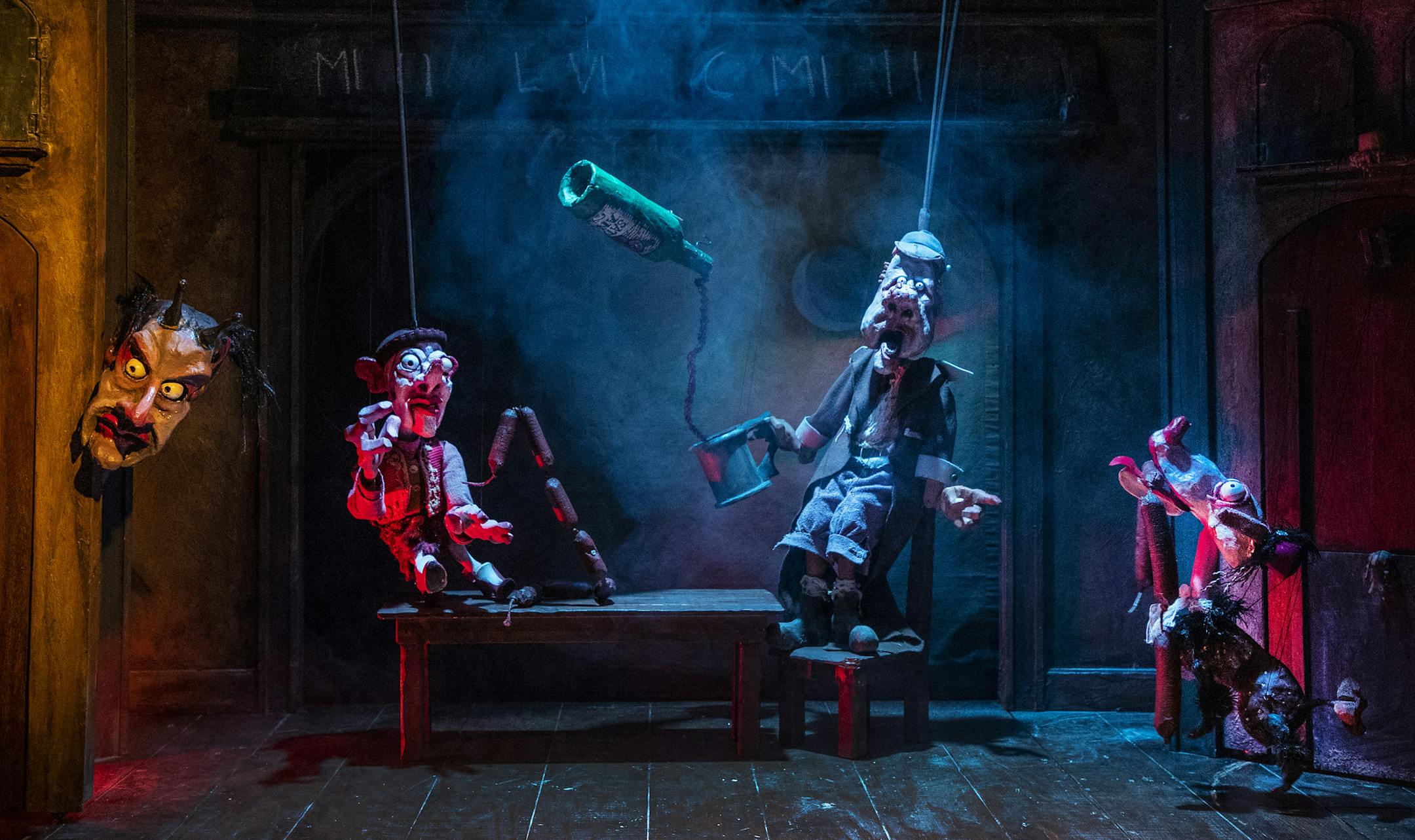 Characters Mephistopheles, Kasper, Marmoset and Poodle in a "A Prelude to Faust" at the Open Eye Figure Theatre. ] CARLOS GONZALEZ ï cgonzalez@startribune.com ñ October 15, 2018, Minneapolis, MN, Open Eye Figure Theatre has done "A Prelude to Faust" three times in its 20-year history and, on the even of a fourth iteration, Michael Sommers says he has finally figured out that it's a love story.