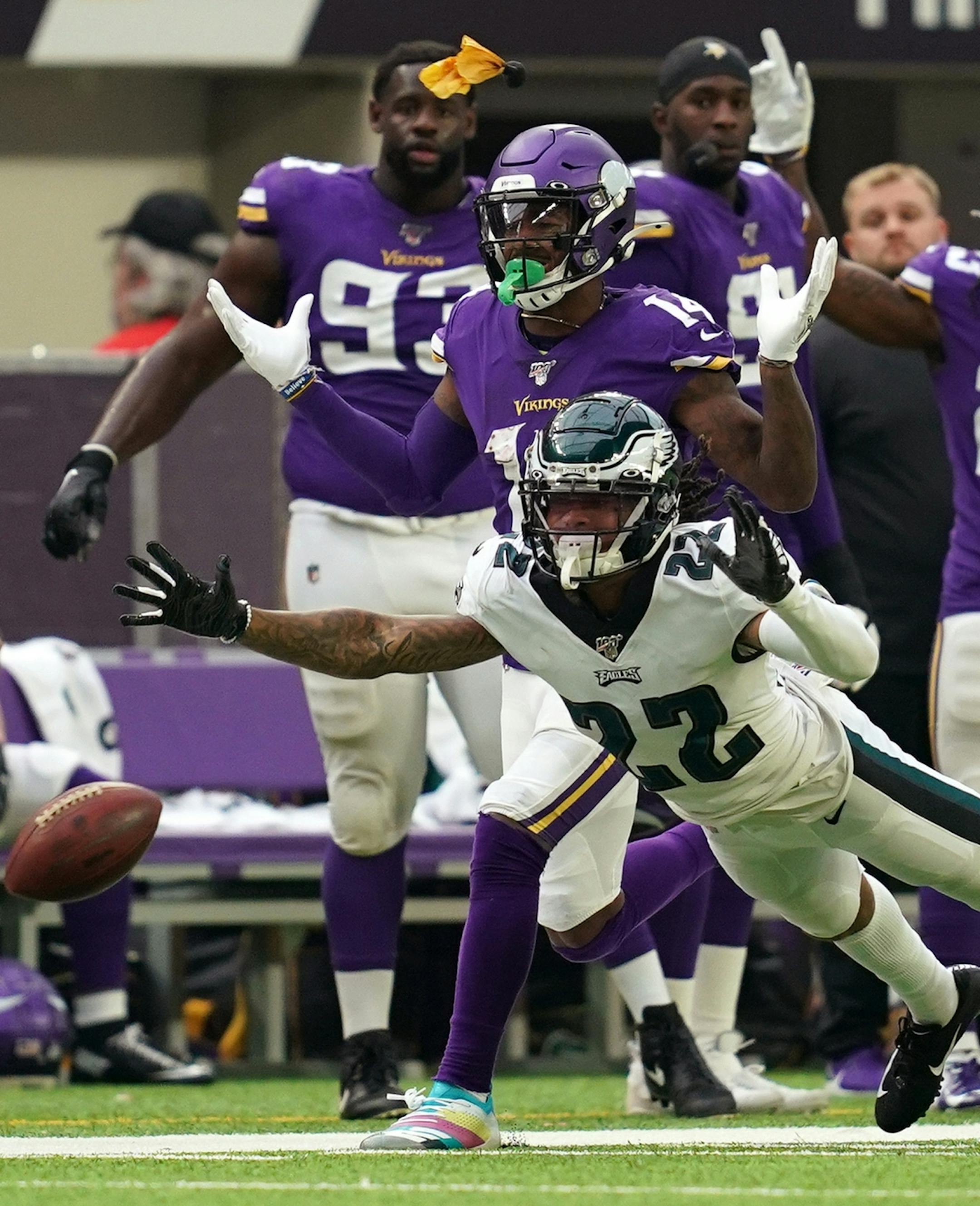 Philadelphia Eagles cornerback Sidney Jones (22) was called for pass interference as he tried to cover Minnesota Vikings wide receiver Stefon Diggs (14) in the third quarter.