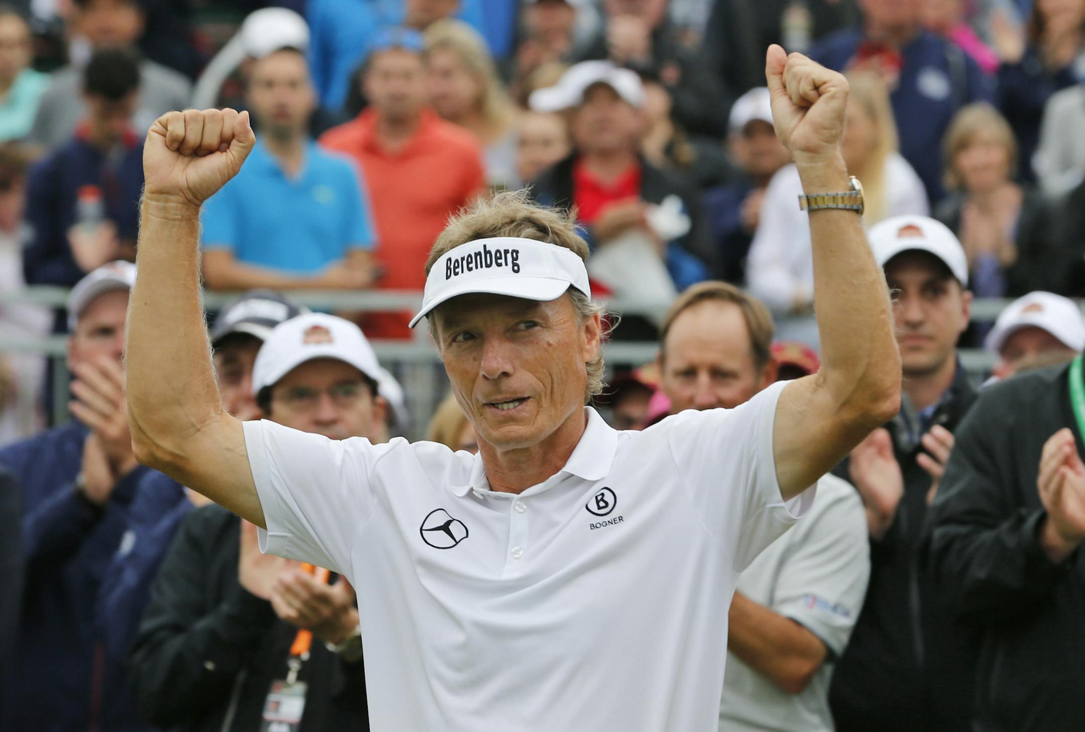 Bernhard Langer celebrates wining the Senior PGA Championship at the Trump National golf club in Sterling, Va., last May. Langer will not defend the title; he'll miss the event to attend his son's high school graduation.