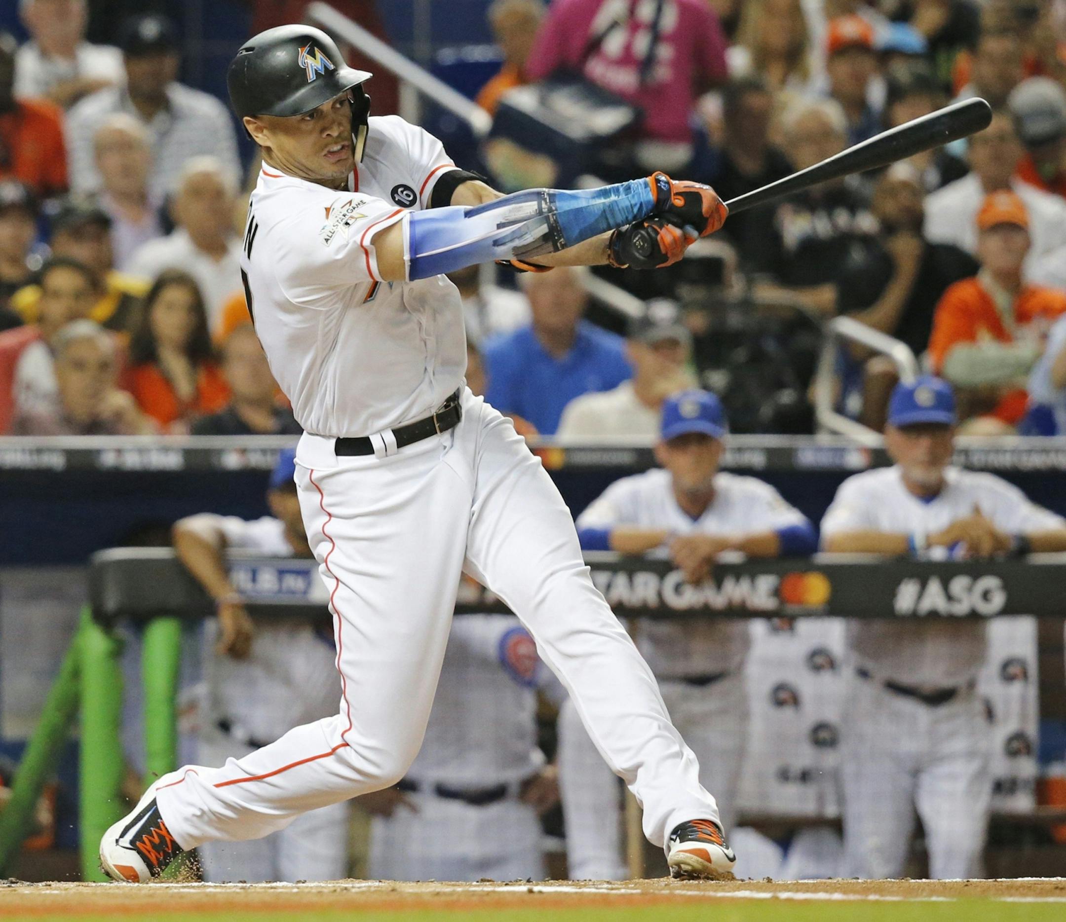 Miami Marlins outfielder Giancarlo Stanton (27) strikes out in the first inning of the MLB All-Star Game on Tuesday, July 11, 2017, at Marlins Park in Miami, Fla.