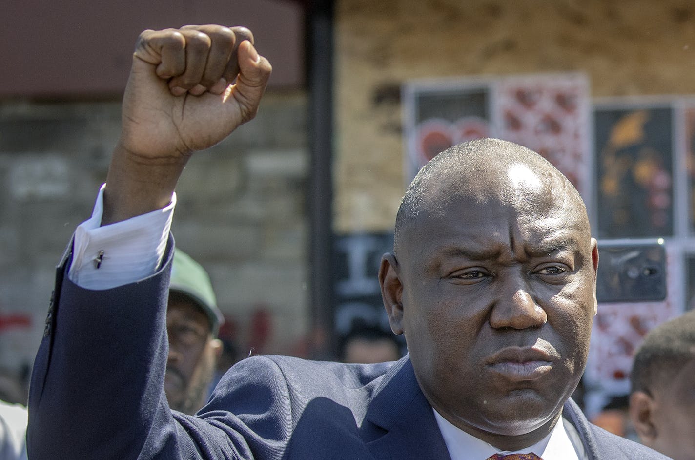 Nationally renowned civil rights attorney Ben Crump, left, stood in solidarity with George Floyd's son Quincy Mason Floyd as they addressed the media at the site where Floyd was killed, Wednesday, June 3 at 11am. ] ELIZABETH FLORES • liz.flores@startribune.com