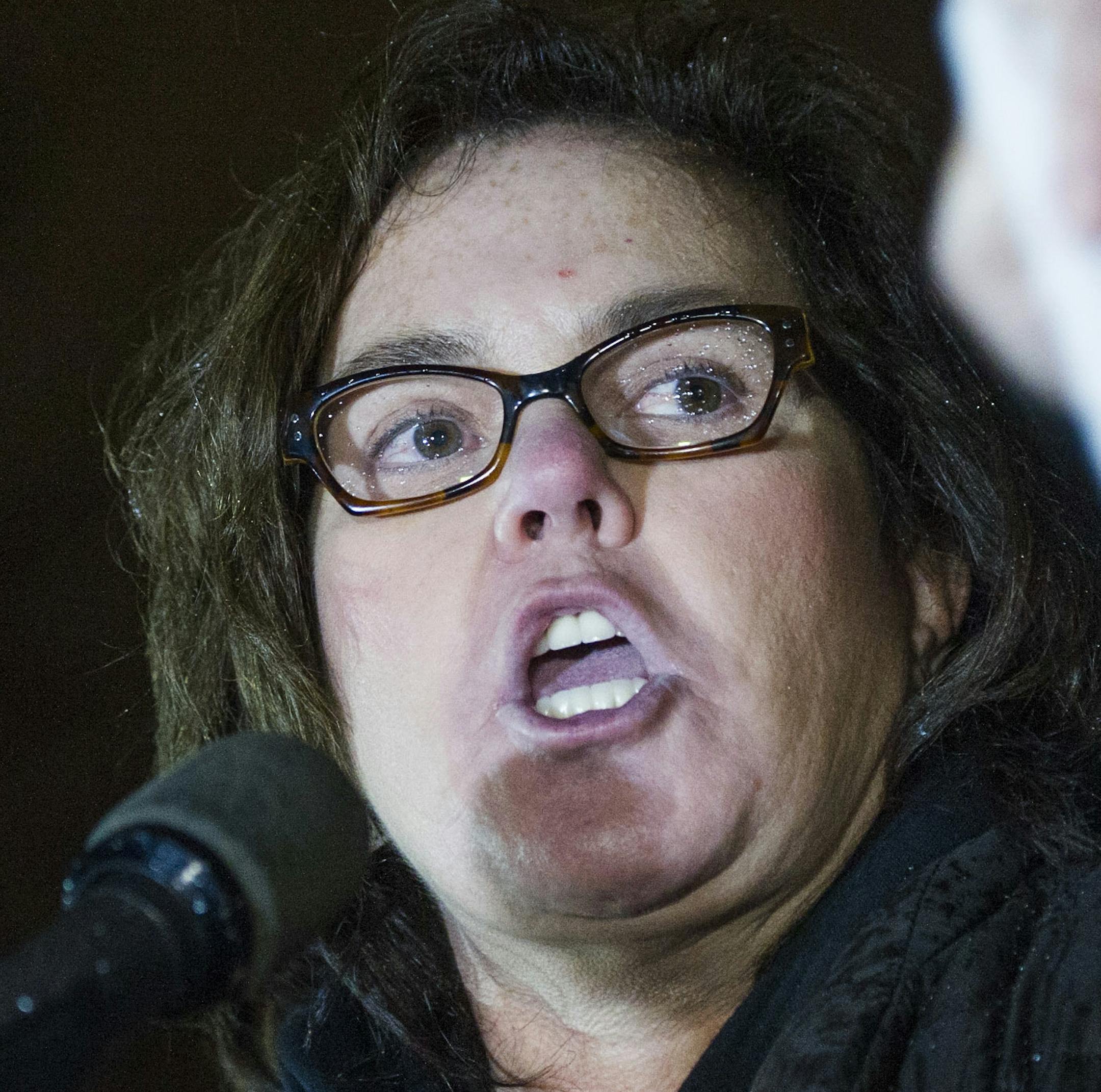 FILE - In this Feb. 28, 2017 file photo, Rosie O'Donnell speaks at a rally calling for resistance to President Donald Trump in Lafayette Park in front of the White House in Washington. O’Donnell and cast members from some of Broadway’s biggest musicals plan to serenade President Donald Trump on Monday, Aug. 6, 2018, but from outside the White House in protest. The group will sing “The People's Song” from “Les Miserables,” Burt Bacharach’s “
