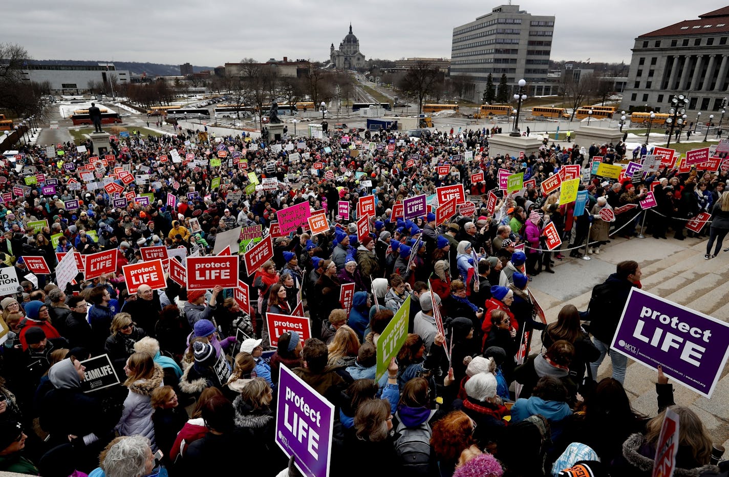 Marchers listened to speakers at the Minnesota State Capitol. Minnesota Citizens Concerned for Life (MCCL) held a march in front of the Minnesota State Capitol on Sunday.