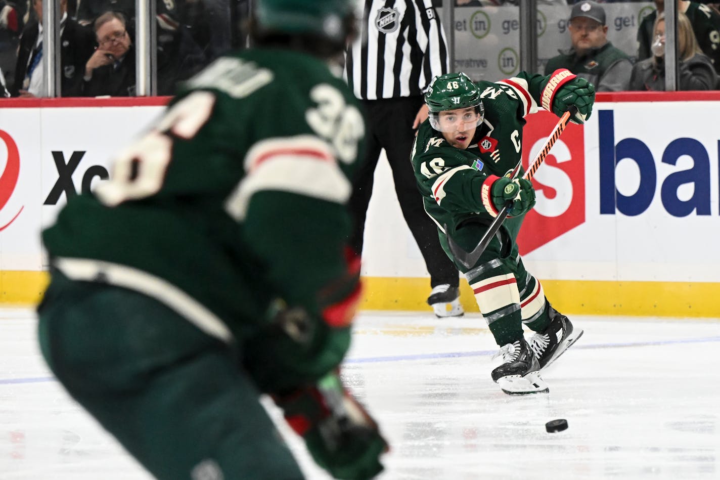 Minnesota Wild defenseman Jared Spurgeon (46) fires off a shot against New York Rangers goaltender Igor Shesterkin (31) during the third period Thursday, Oct. 13, 2022 at the Xcel Energy Center in St. Paul, Minn.. ] aaron.lavinsky@startribune.com