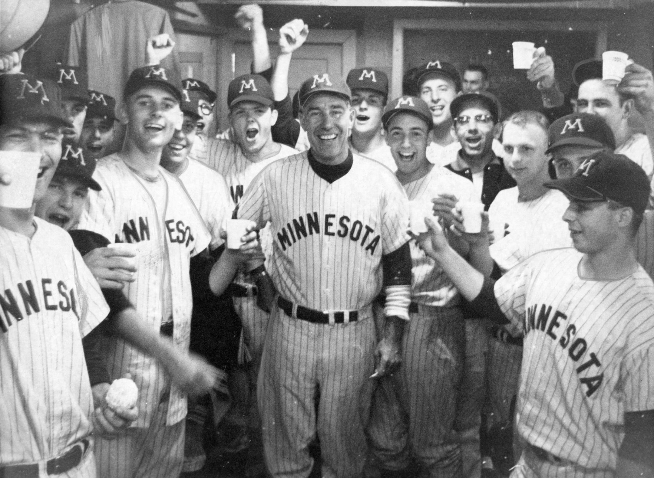 Minnesota Gophers baseball team with, coach Dick Siebert, after winning 1960 Big Ten Conference championship.