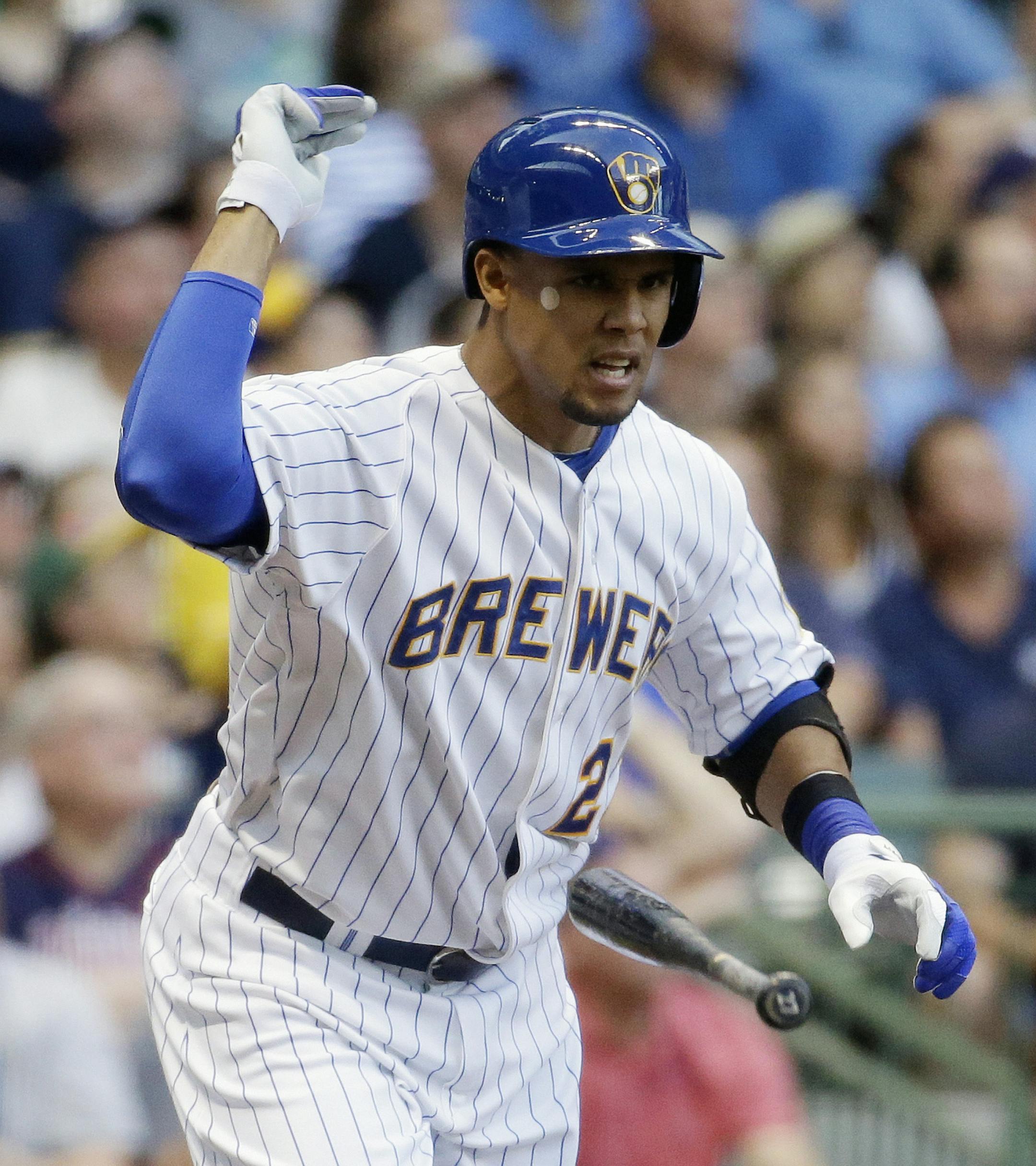 Milwaukee Brewers' Carlos Gomez reacts after flying out during the first inning of a baseball game against the Minnesota Twins on Tuesday, June 3, 2014, in Milwaukee. (AP Photo/Morry Gash)